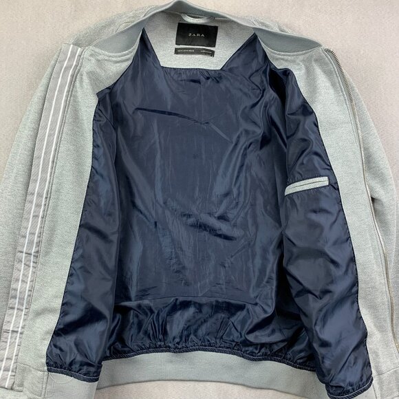 Zara Mens Bomber Jacket Medium Gray Full Zip Long Sleeve Varsity Striped Trim - Picture 3 of 6
